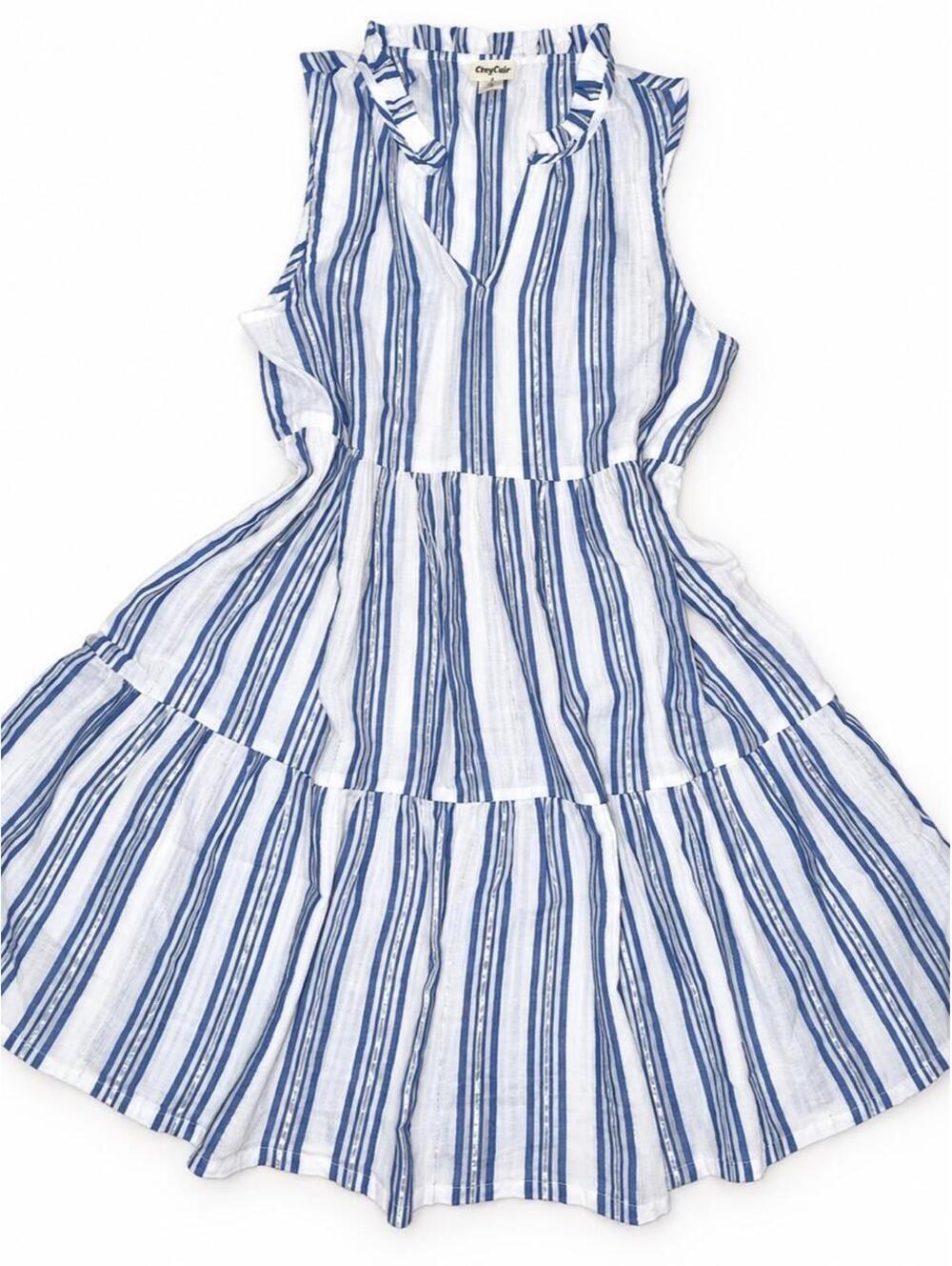 NWT J Crew Crewcuts Girls L Blue White Stripe Tiered Tunic Ruffle Metallic